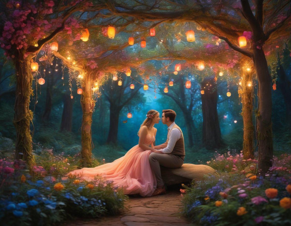 A whimsical forest scene with a couple sharing an intimate moment under a canopy of twinkling fairy lights, surrounded by vibrant flowers and softly glowing lanterns. Enchanting butterflies flutter around them, enhancing the romantic atmosphere, while the moonlight casts a gentle glow over their faces. ethereal and dreamlike. vibrant colors. super-realistic.