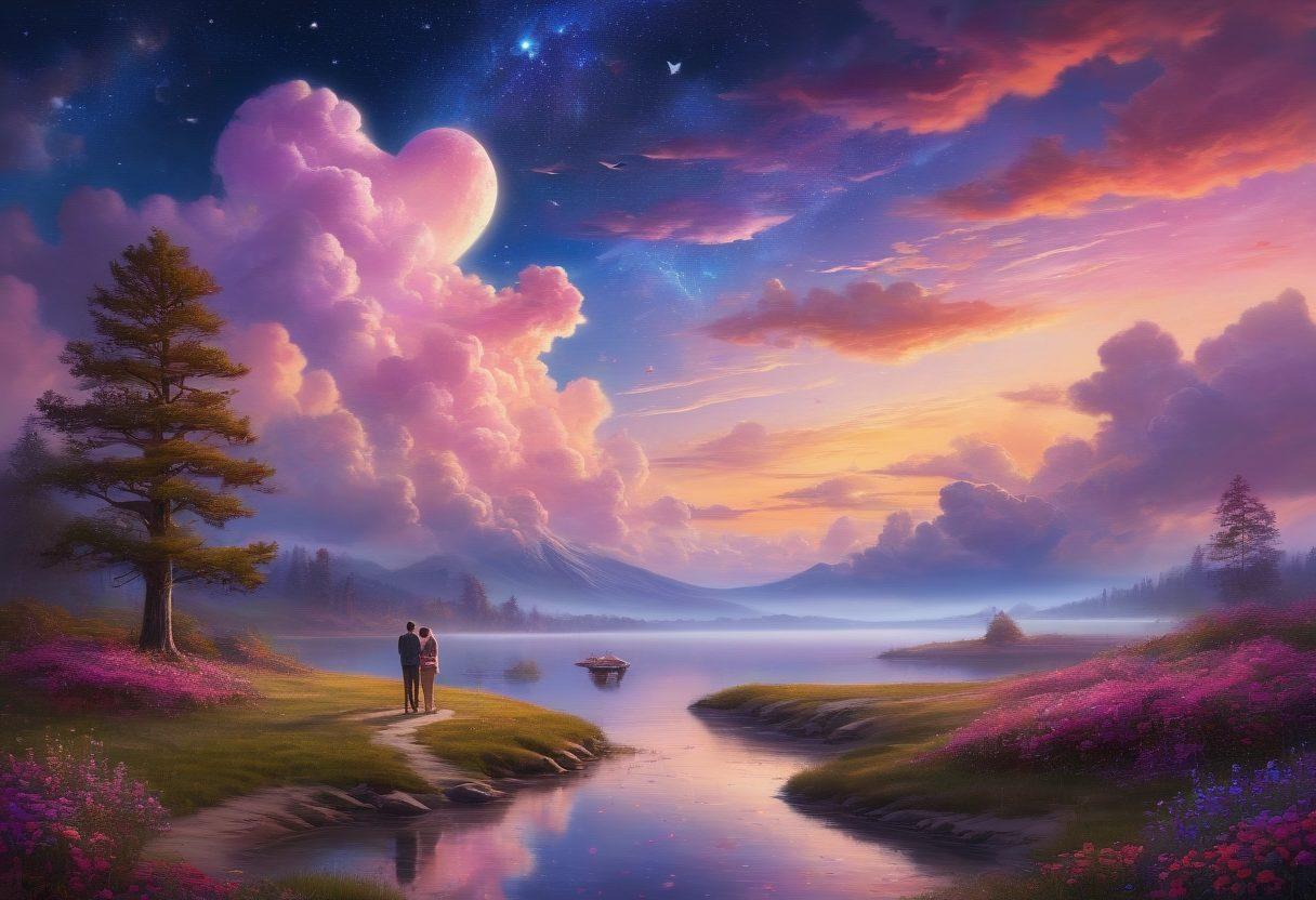 A dreamy landscape featuring a couple embracing under a starry sky, surrounded by whimsical elements like floating hearts and soft clouds. In the foreground, a vintage key glows with enchanting light, symbolizing the unlocking of fantasies. The color palette should be warm and inviting, with vibrant purples, golds, and pinks. ethereal, enchanting atmosphere. super-realistic. vibrant colors.