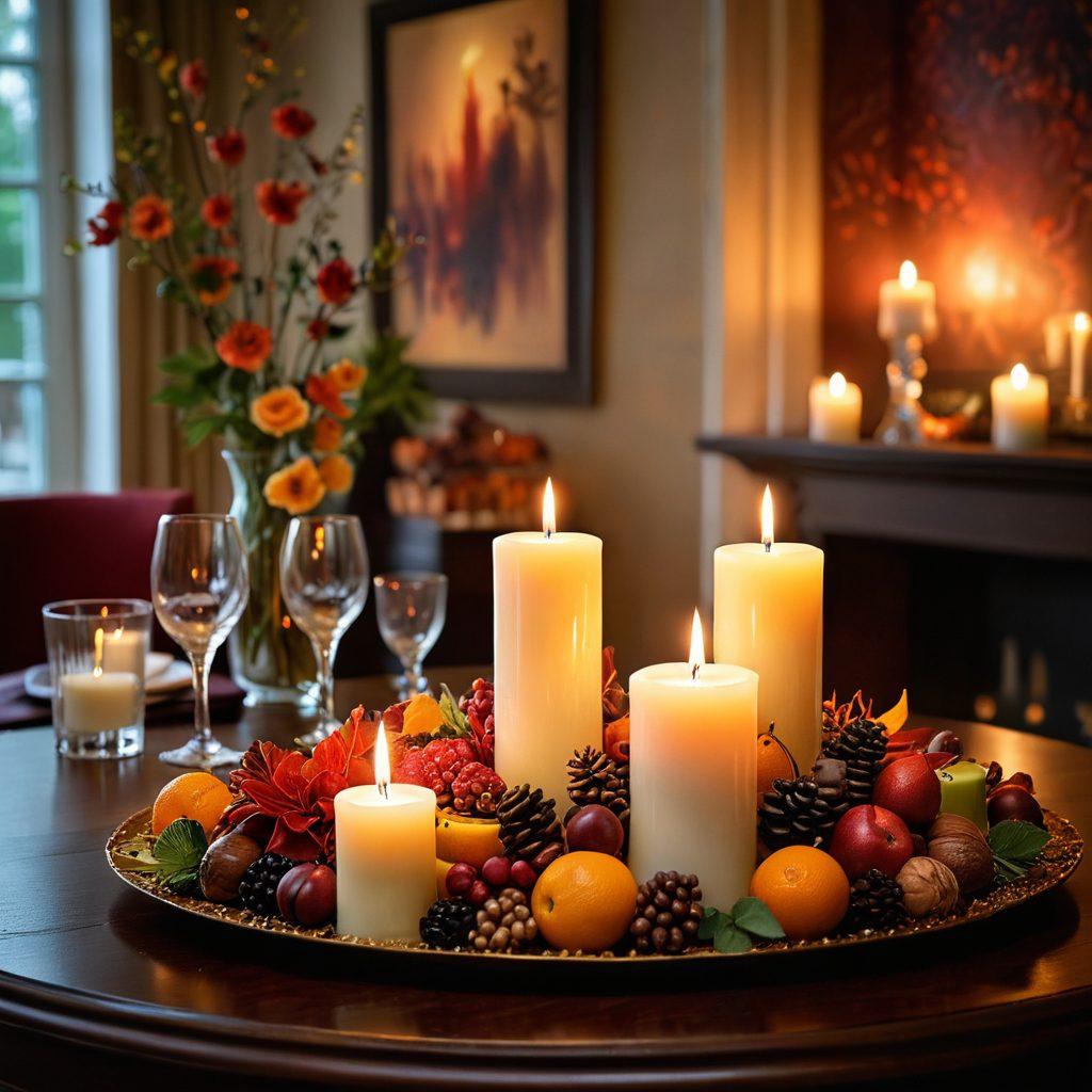 A tantalizing scene depicting a candle-lit room filled with rich textures and vibrant colors, featuring a table adorned with an array of fragrant spices, luscious fruits, and decadent chocolates. Silken fabrics drape gracefully, adding an inviting warmth to the atmosphere. Subtle hints of mist rise in the air, suggesting a sensory experience awakening all the senses. A background of soft, blurred candle flames flickers, enhancing the mood of passion and whimsy. painterly style. vibrant colors. soft focus.